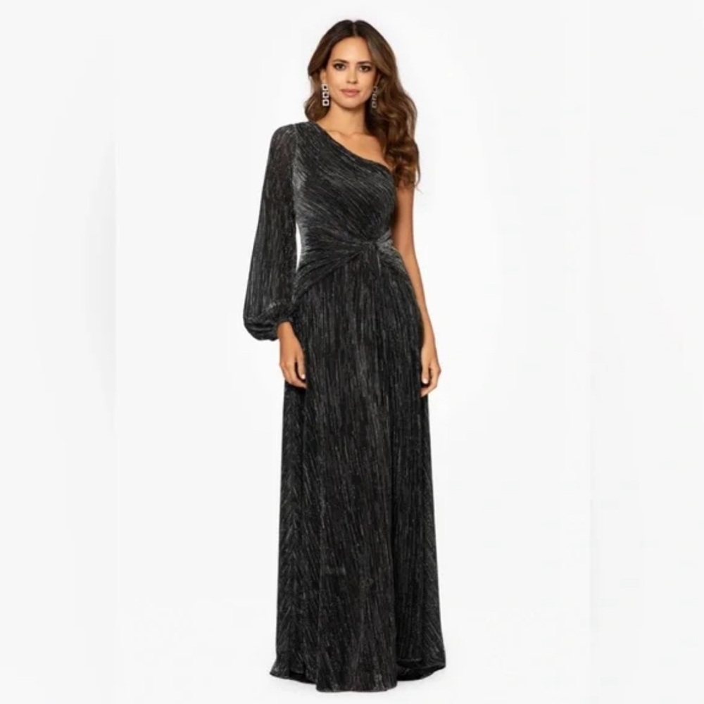 Betsy & Adam Long One Shoulder Long Sleeve Metallic Evening Gown- never worn!
